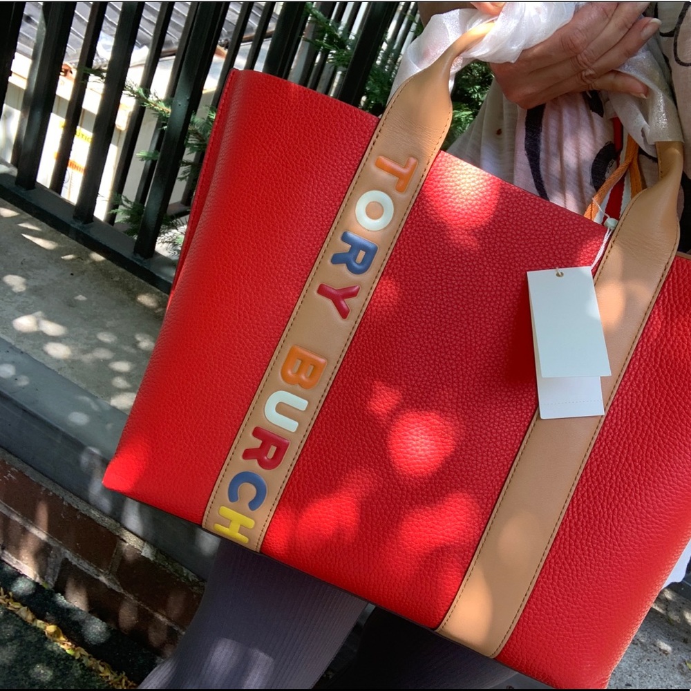 Authentic TORY BURCH LOGO stripe Leather Tote - Picture 2 of 16